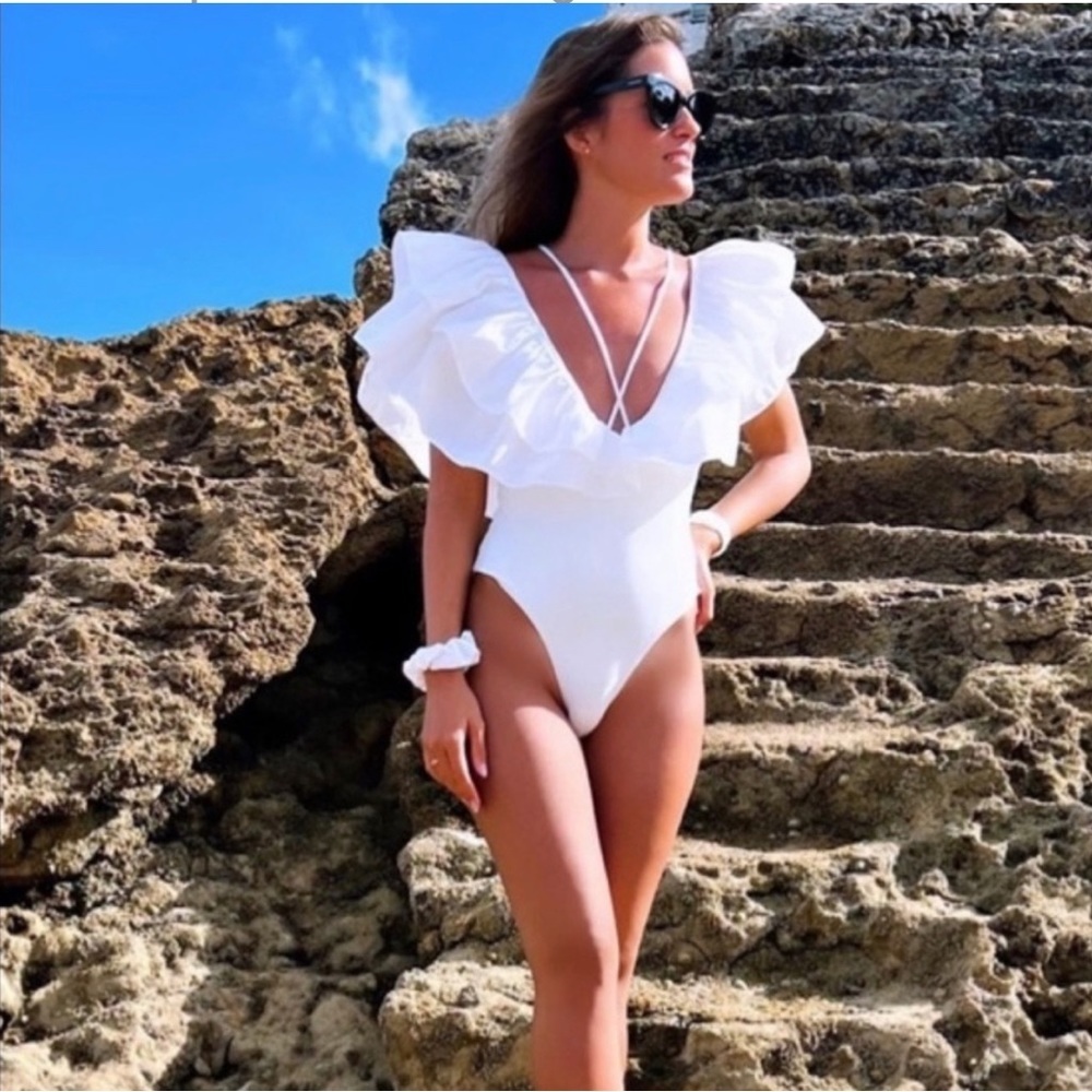 Women’s White Ruffle V-Neck One-Piece Swimsuit